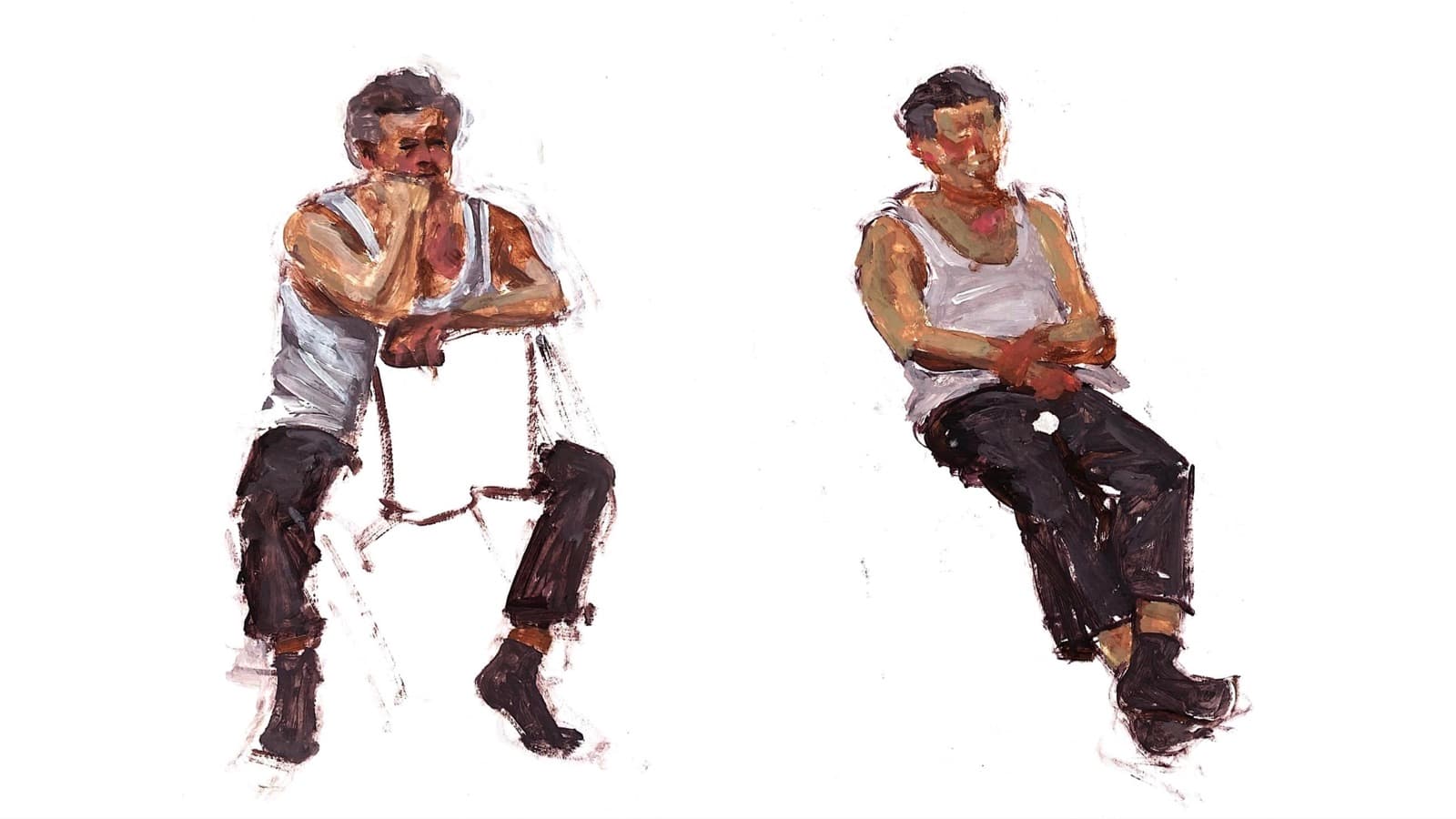 Life drawing, two seated figures in gouache