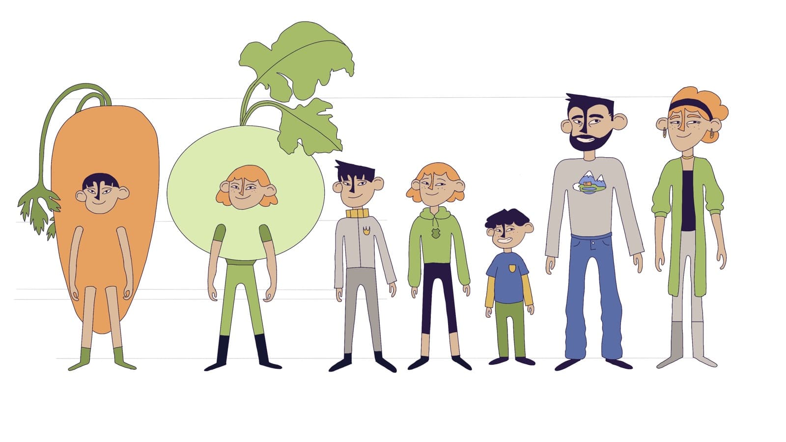 Farsang character lineup, vegetable costumes and family
