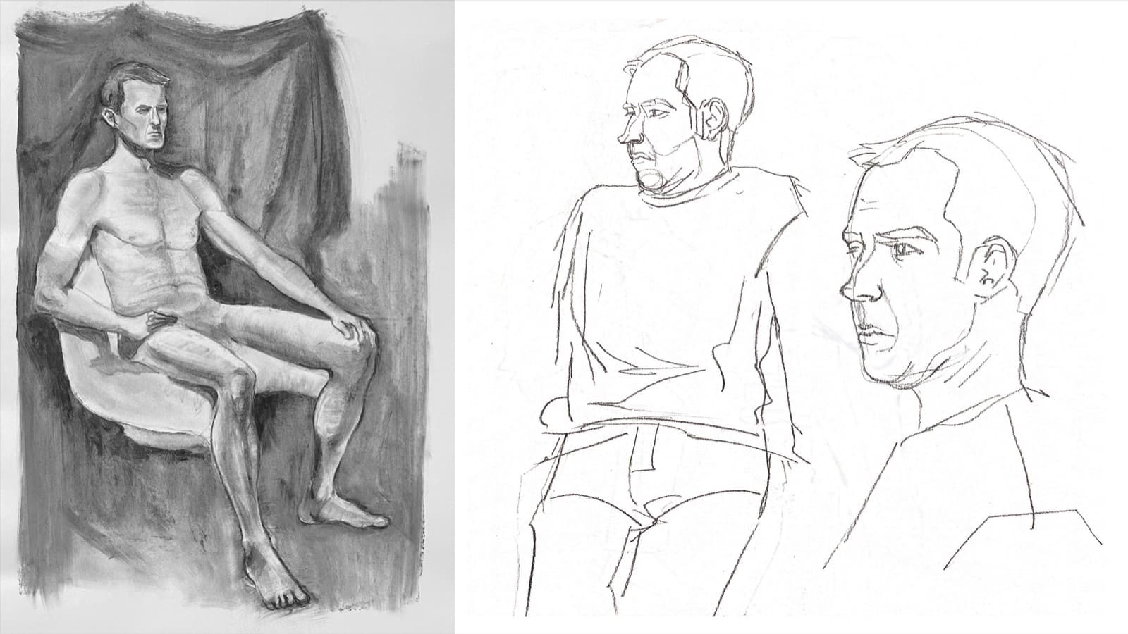 Charcoal seated nude and graphite portrait studies