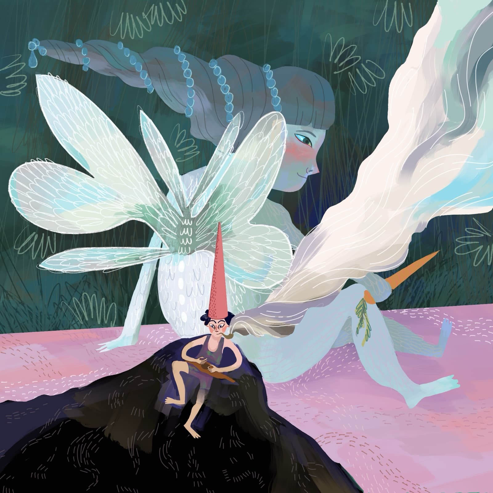 Fantasy illustration, fairy and gnome in a forest