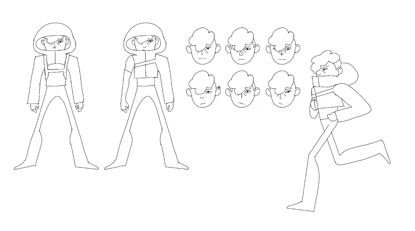 Character line art turnaround with expression sheet