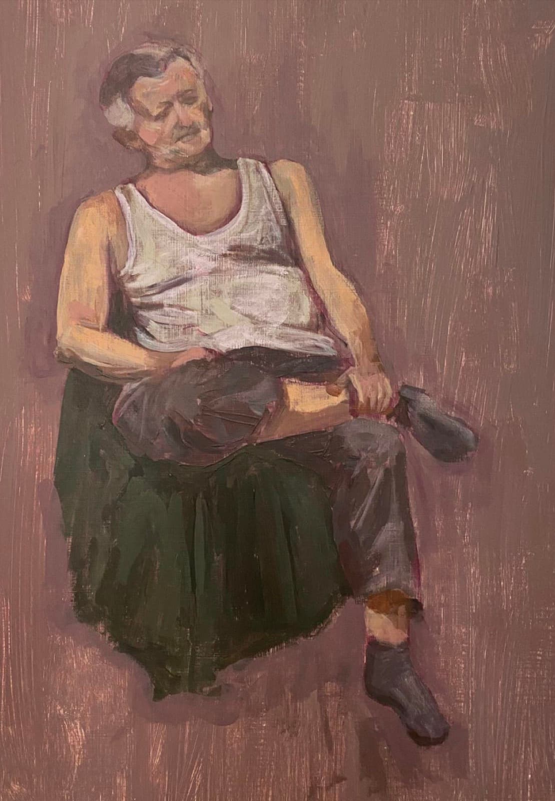 Oil painting of a seated figure