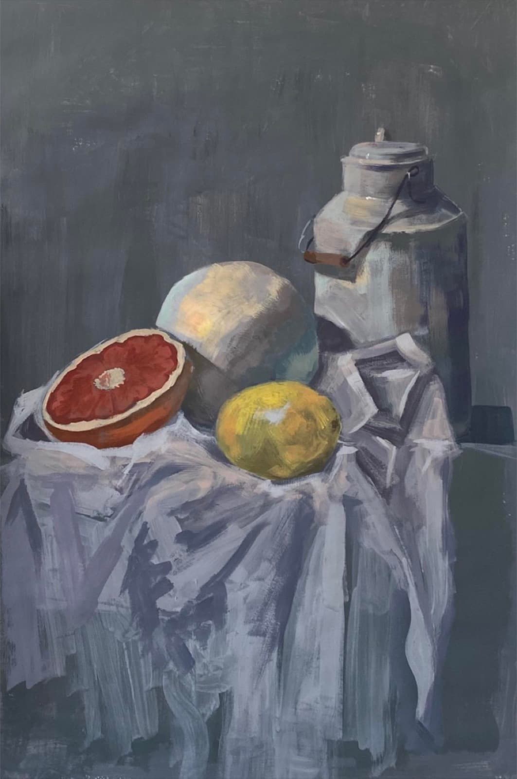 Oil still life with fruit and a jug